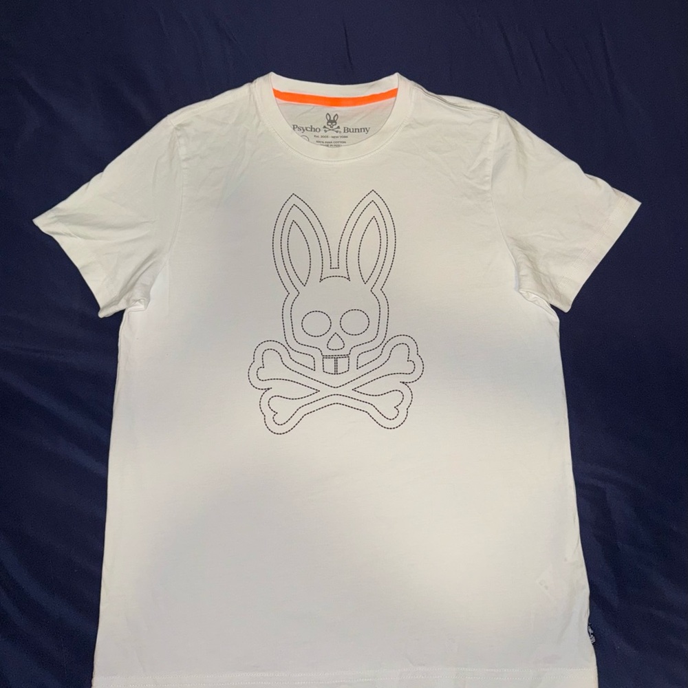 White Psycho Bunny T-Shirt with Black Stiched Skull with Neon Orange Accent